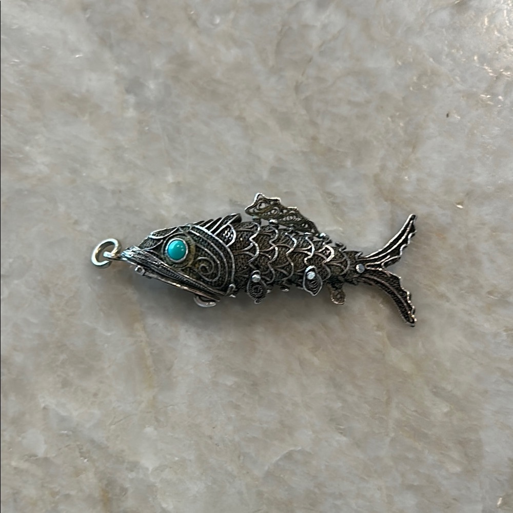 Vintage Silver Articulated Filigree Fish Pendant with Turquoise Eye